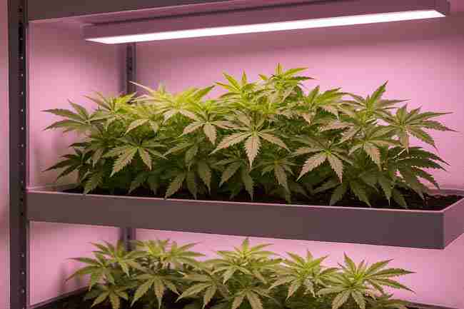 Vertical cannabis farming setup with stacked plants under bright LED lights.