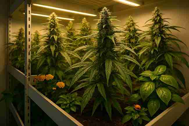 Thriving indoor cannabis garden with vertical shelving, golden LED lighting, and companion plants.