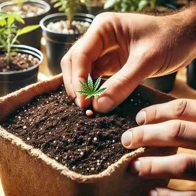 Hands Planting Cannabis Seed into Rich Aerated Soil