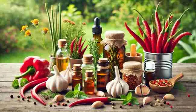 Fresh garlic, red chili peppers, and essential oils arranged outdoors for DIY cannabis pest repellent