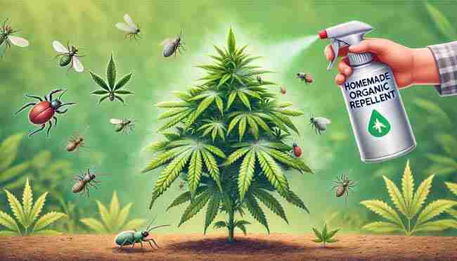 Healthy cannabis leaves repelling aphids and spider mites using DIY organic spray
