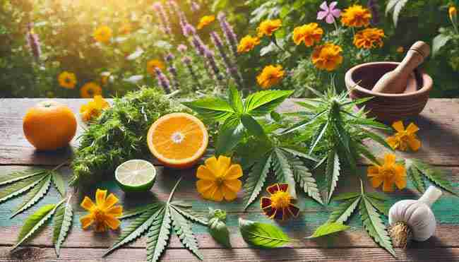 Neem leaves, citrus peels, marigolds, and basil for DIY organic cannabis pest repellents