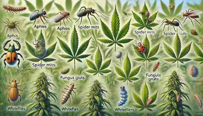 Cannabis leaves displaying aphids, spider mites, fungus gnats, whiteflies, and caterpillars