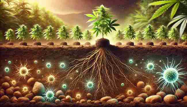 Healthy cannabis roots interacting with beneficial soil microbes in fertile organic soi
