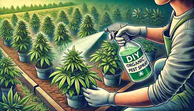 Careful application of diluted organic garlic and chili spray protecting healthy cannabis plants