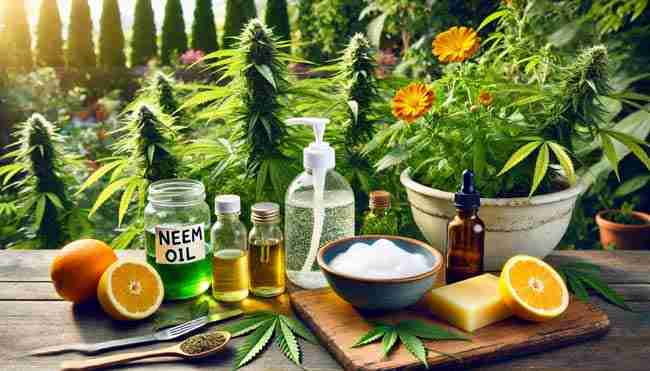 Neem oil, mild soap, citrus peels, and companion plants as natural DIY cannabis pest repellents