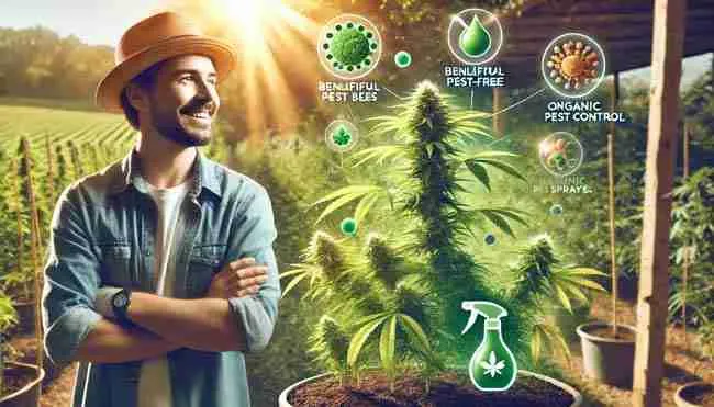 Confident gardener proudly overlooking thriving, organic cannabis garden protected naturally