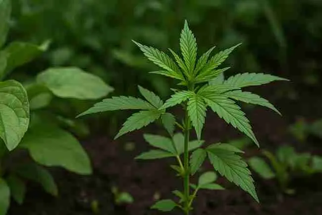 Cannabis plant surrounded by vibrant foliage representing growth with softened water.