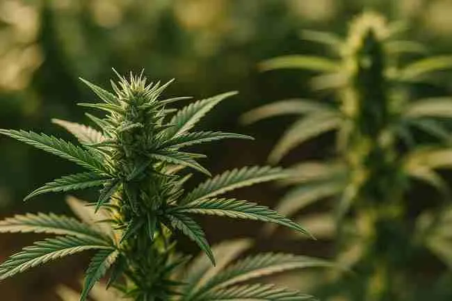 Healthy cannabis plant in sunlight symbolizing optimal growth with balanced water hardness.