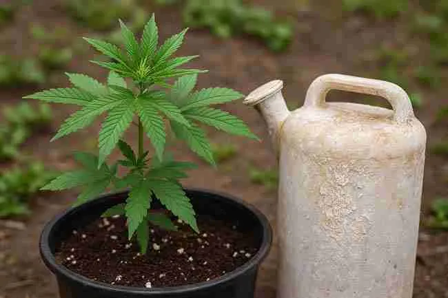 Cannabis plant beside mineral-encrusted container showing nutrient blockage and water quality issues.