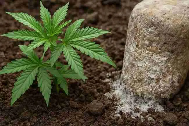 Cannabis plant in soil beside mineral-crusted stone showing effects of extreme water hardness on roots.