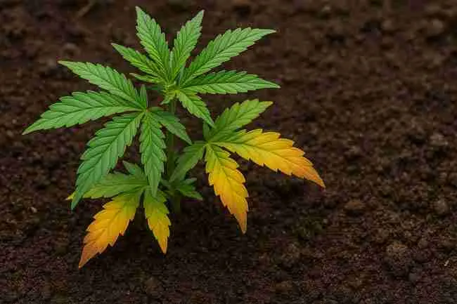 Cannabis plant with yellowing leaves and stunted growth showing nutrient deficiency from hard water stress.