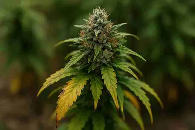 Flowering cannabis plant with yellowing leaves and weakened structure showing effects of prolonged hard water exposure.