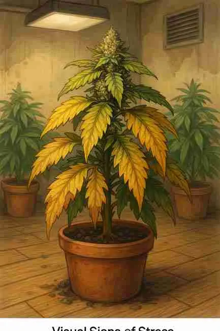Cannabis plant showing stress in grow room highlighting the need for timely and consistent water softening.