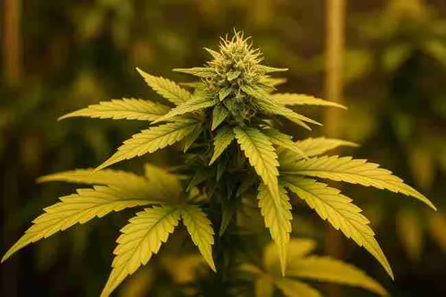 Flowering cannabis plant with yellowing leaves indicating alkaline soil conditions from hard water buildup.
