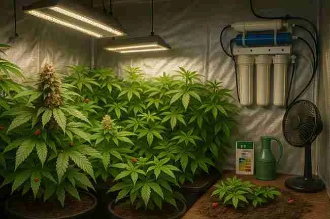 Indoor cannabis grow room with filtration system, healthy plants, and ideal conditions for beneficial microbes and insects.