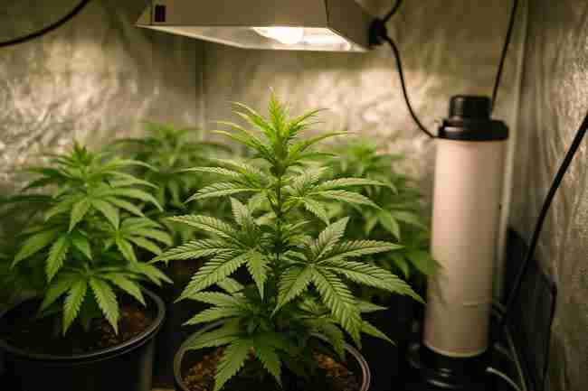 Indoor grow room with thriving cannabis plant symbolizing success through proper hard water management and care.