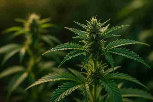 A detailed shot of a cannabis plant with lush green leaves and frosty trichomes, illuminated by soft, natural sunlight.