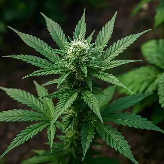 A vibrant cannabis plant in full bloom under a greenhouse light, showcasing its central cola surrounded by healthy, serrated leaves.