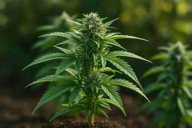 A fully mature cannabis plant with a dense cola coated in glistening trichomes, surrounded by bright green sugar leaves and fan leaves.