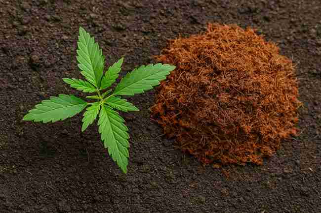 Young cannabis plant growing in soil next to coco coir, illustrating cannabis medium comparison.