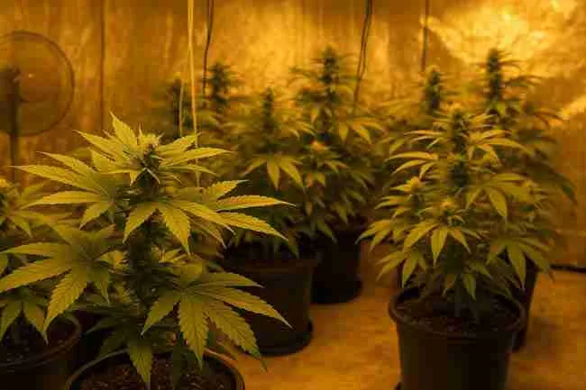 Indoor cannabis grow room with vibrant plants under warm lighting, highlighting a self-sustaining ecosystem.