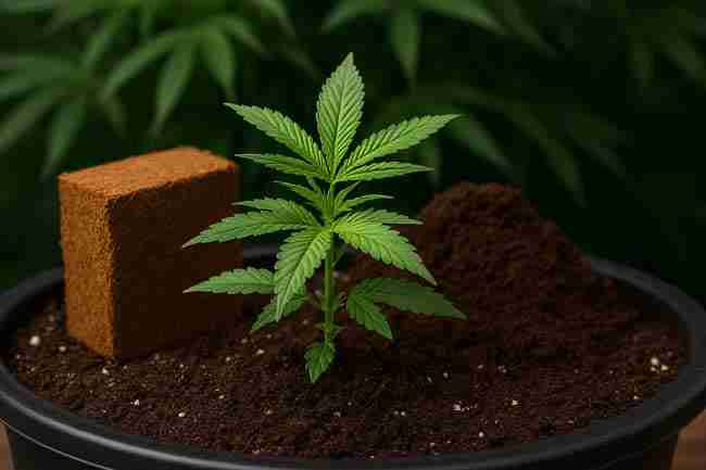 Cannabis plant surrounded by coco coir and peat moss, symbolizing balance and choice in grow room cultivation.