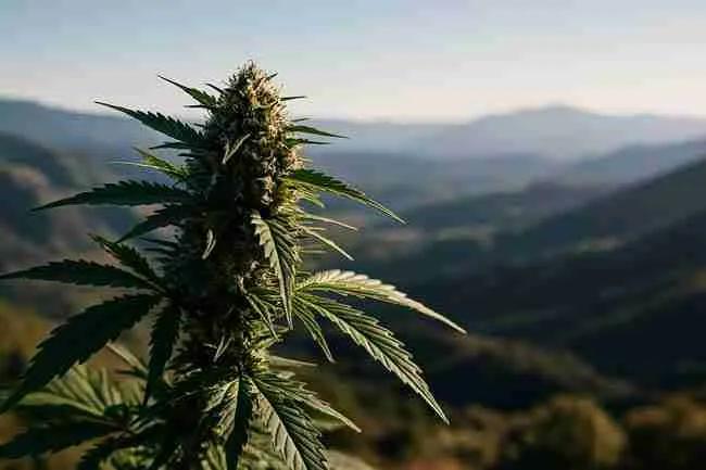 cannabis plant growing in a mountainous region with late afternoon sunlight and scenic hills in the background.