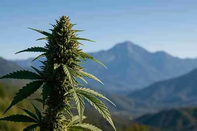 High-altitude cannabis plant with trichomes under intense sunlight against mountain range showing effects of low oxygen and UV exposure.