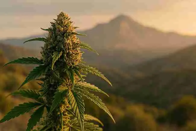 Mature cannabis plant growing in high-altitude sunlight with mountainous backdrop showing effects on flowering and trichome production.