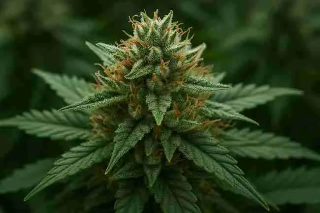 Horizontal image showing dense trichomes on a mature cannabis bud