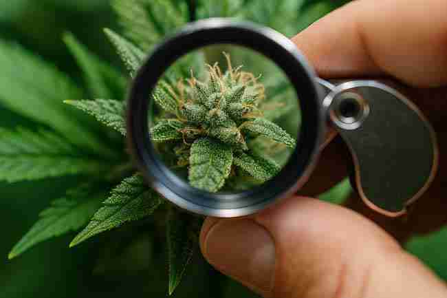 Horizontal image of cannabis bud magnified with jeweler’s loupe showing clear trichome detail