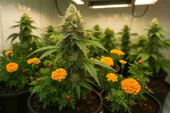 Horizontal image of cannabis grow room with marigolds, ladybugs, and LED lighting
