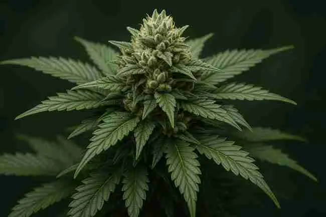 Horizontal close-up of a mature Indica cannabis plant with dense buds and broad leaves, ideal for compact indoor cultivation