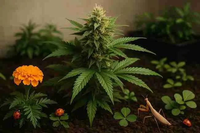 Horizontal image of an indoor cannabis grow room ecosystem featuring a cannabis plant with companion plants, ladybugs, and a praying mantis