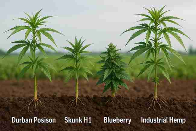 A side-by-side comparison of four cannabis strains—Durban Poison, Skunk #1, Blueberry, and Industrial Hemp—thriving in rich soil with visible roots.