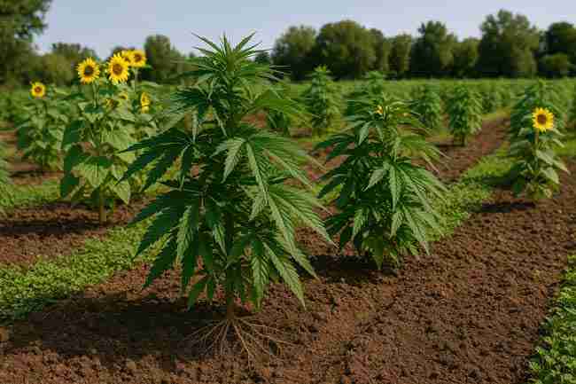 A lush cannabis field interplanted with sunflowers and green ground cover crops, demonstrating crop rotation, intercropping, and phytoremediation techniques.