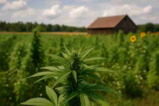 A healthy cannabis plant in focus with a field of green, sunflowers, and a rustic barn in the background, representing the benefits and trade-offs of phytoremediation.