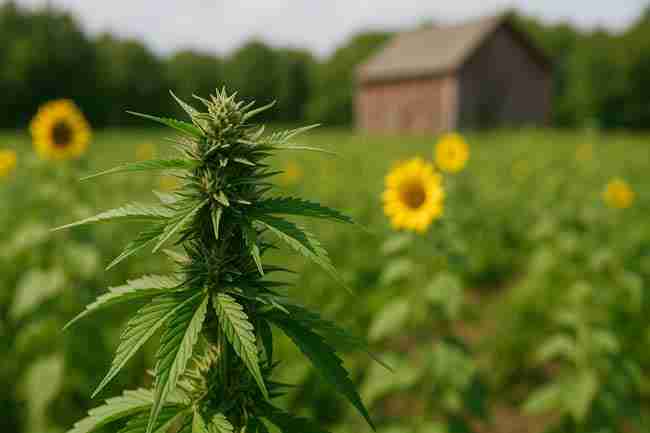 A sunlit cannabis bud in sharp focus with trichomes glistening, set against a blurred field of sunflowers and a rustic barn, symbolizing purity and safety.