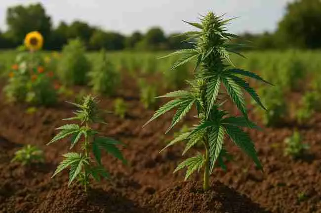 A cannabis field with two healthy plants of different sizes in rich soil, surrounded by companion species like sunflowers, showing a step-by-step phytoremediation plan in action.
