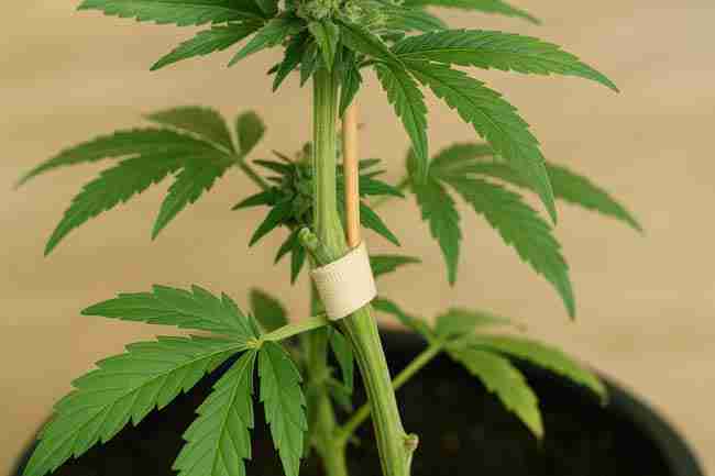 Repaired cannabis plant stem with splint and soft tape