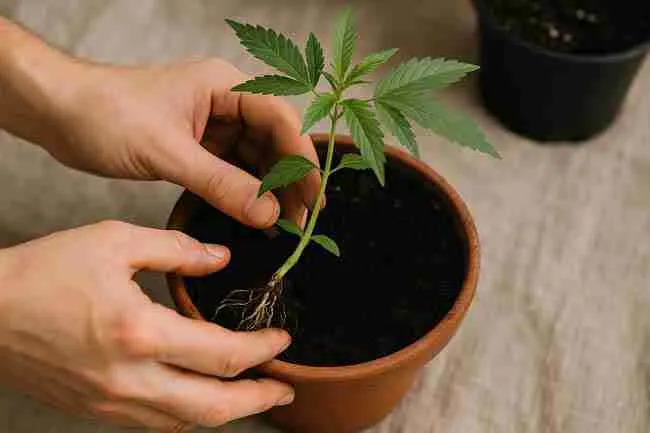 Repotting cannabis plant to revive and refresh roots
