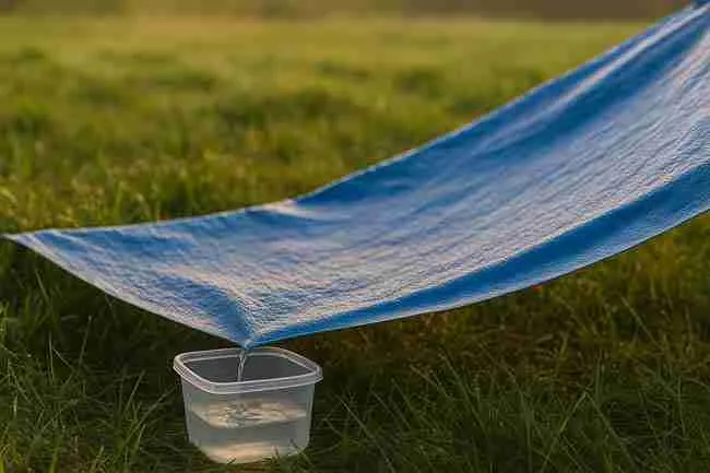 Blue tarp stretched on grass collecting morning dew, with water dripping into a clear plastic container, showing a practical tarp dew collection method