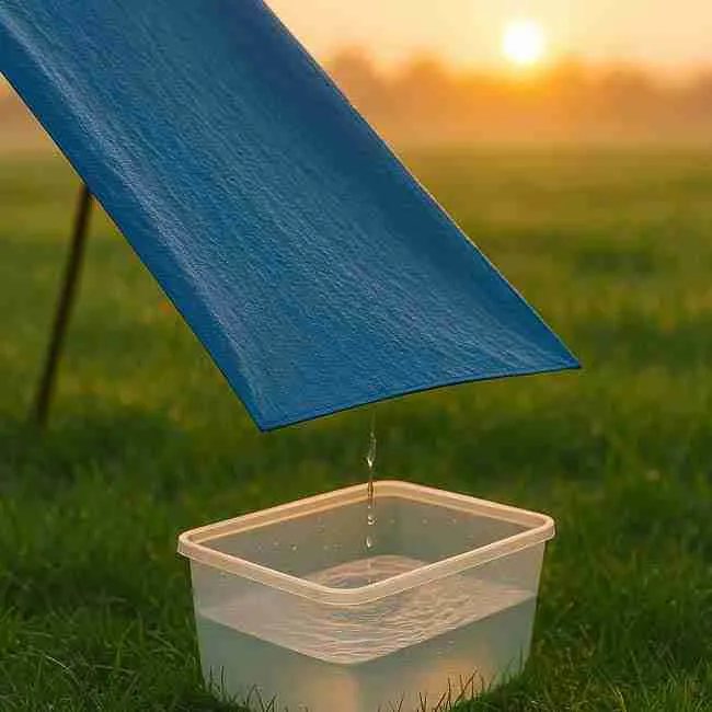 Golden sunrise lighting dew dripping from a blue tarp into a clear container on grassy field, illustrating a basic dew collection system in nature