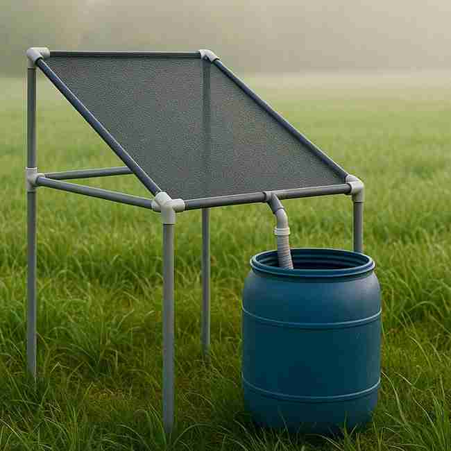 Dew collection setup using polypropylene mesh and PVC frame draining into blue storage barrel in grassy field, illustrating system specs and efficiency