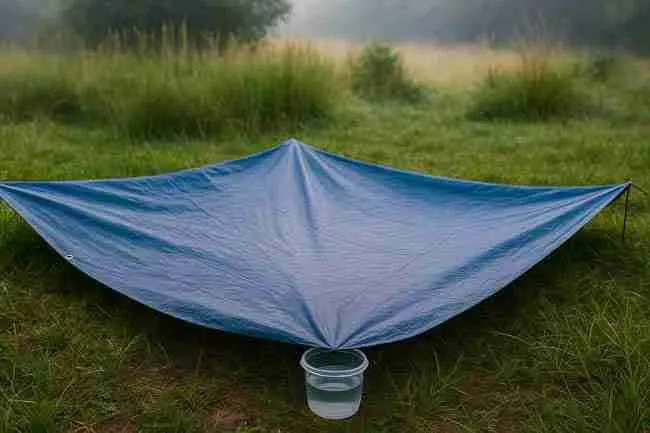 Outdoor dew collection setup with blue tarp funneling moisture into a clear container on grass, showing efficient passive water harvesting