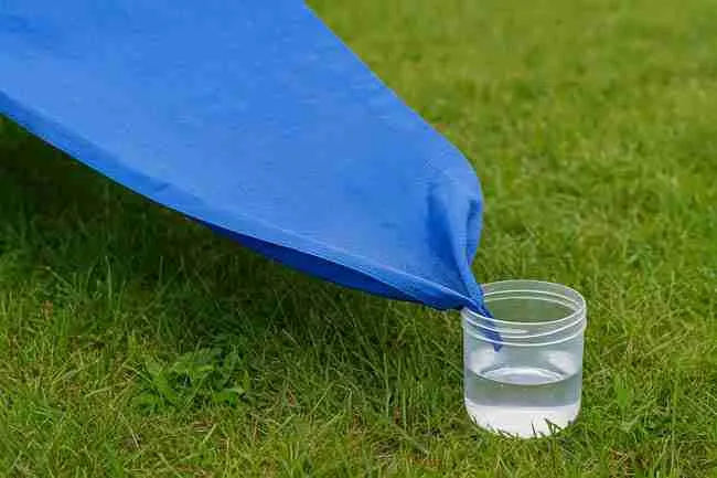 Sunlit blue tarp in grassy field funneling dew into a clear container, demonstrating efficient water collection from overnight condensation