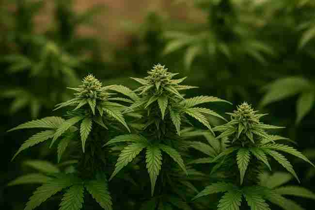 Healthy cannabis plants flourishing in an indoor grow room, illustrating the importance of water conservation for optimal bud development