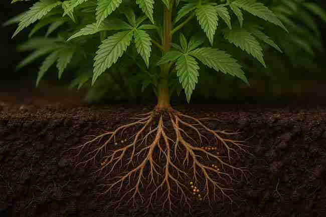 Cross-section view of cannabis roots in healthy soil, showing fine root hairs releasing exudates and interacting with beneficial microbial colonies
