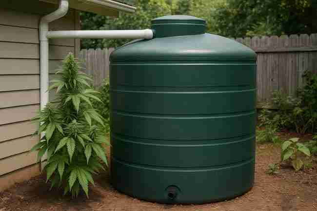 Large rainwater harvesting tank connected to a roof downspout beside a cannabis plant in a garden setup for sustainable water collection